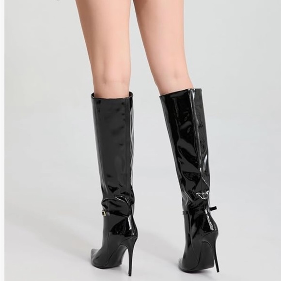 Patent Stilettos boots 4.3 in heel approx 16 tall, gold buckle, designer… - Picture 4 of 8